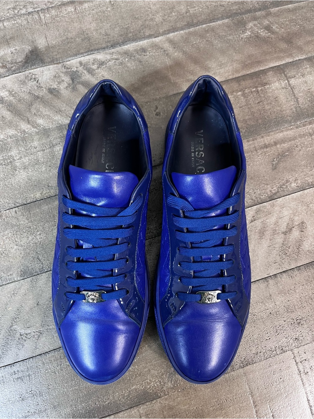 Versace Greca Pattern Leather Royal Blue Mens Sz 12 - Picture 5 of 7